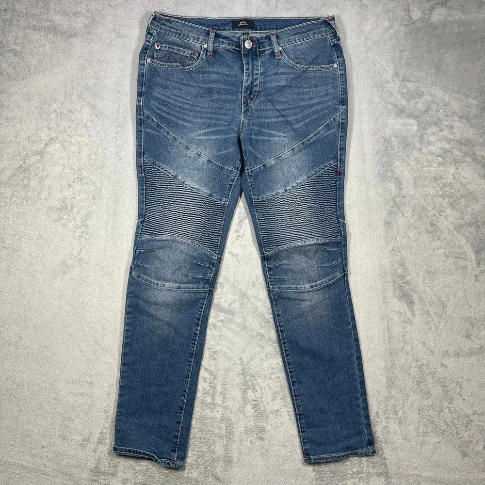 True Religion Rocco Moto Jeans Mens 32(34) Blue Relaxed Skinny Ribbed‎ Knee